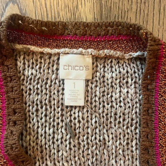 Chico's Color Pop Pattern Cardigan Sweater Tan Pink Metallic Size 1 NWT - Picture 5 of 7